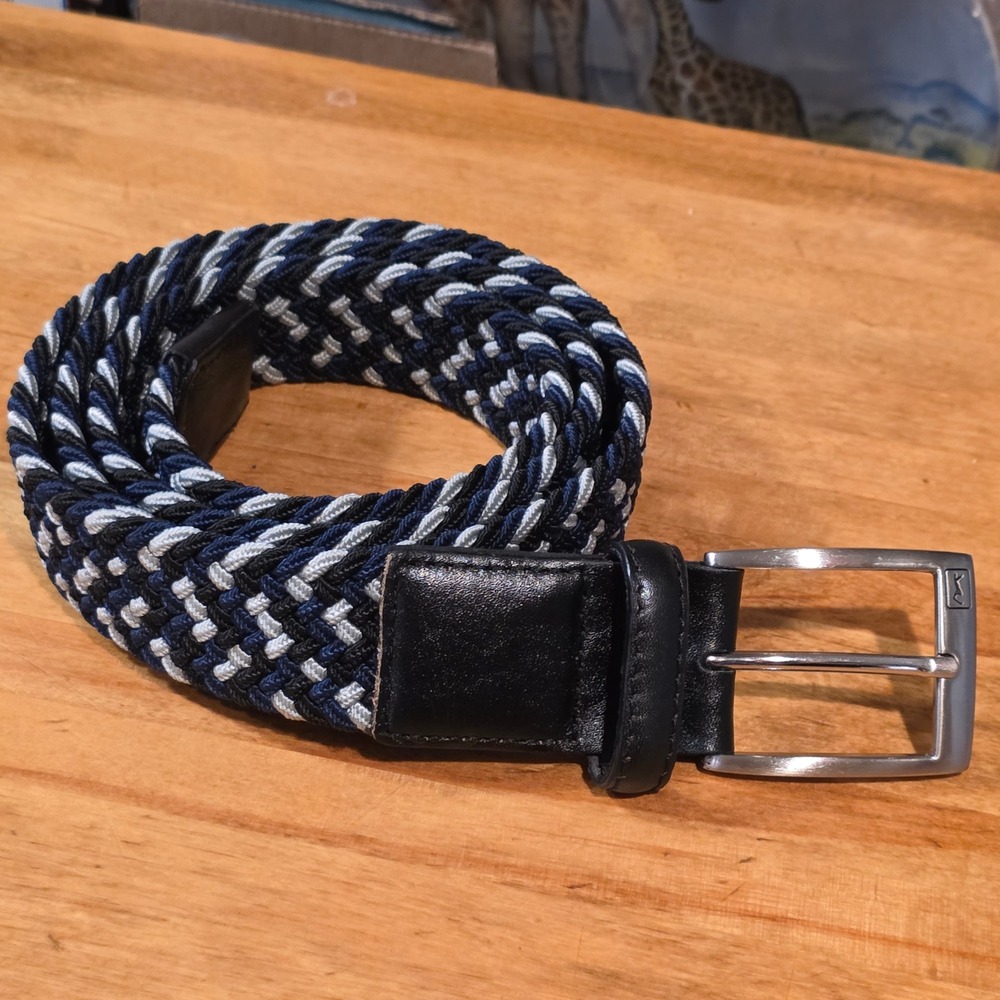 PGA TOUR Mens M 36/38 Braided Stretch Golf Belt Navy Black Grey Leather Trim